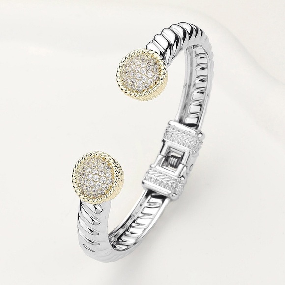 Chunky Two Tone Pave Hinged Cuff Bracelet - Picture 2 of 2